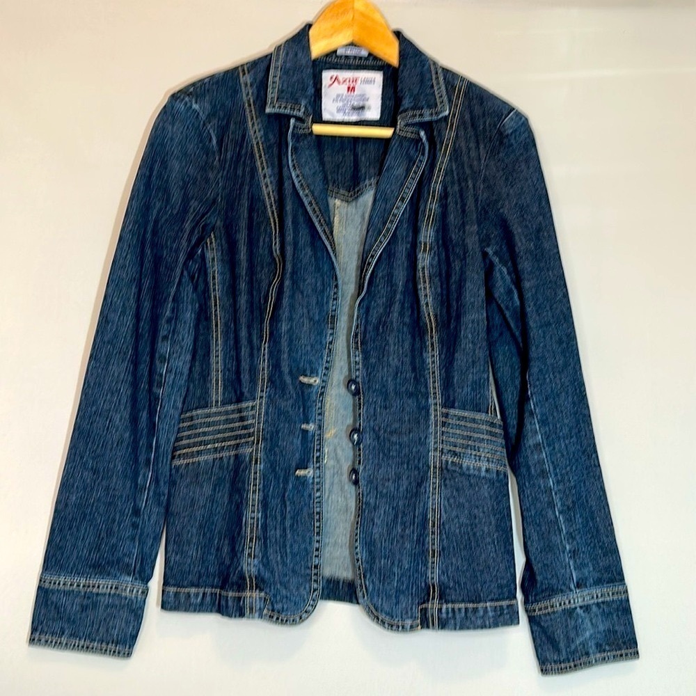 Azur Womens Size M Denim Jacket Blazer Coat Buttons Pockets Stitched Stretchy - Picture 12 of 14